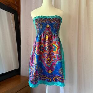 Mascara Y2K Turquoise Paisley Scarf Print Strapless Mini Dress Sz Large